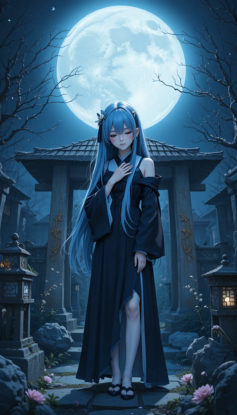 Anime-Schreinmädchen, das auf einem mondbeschienenen Friedhof betet