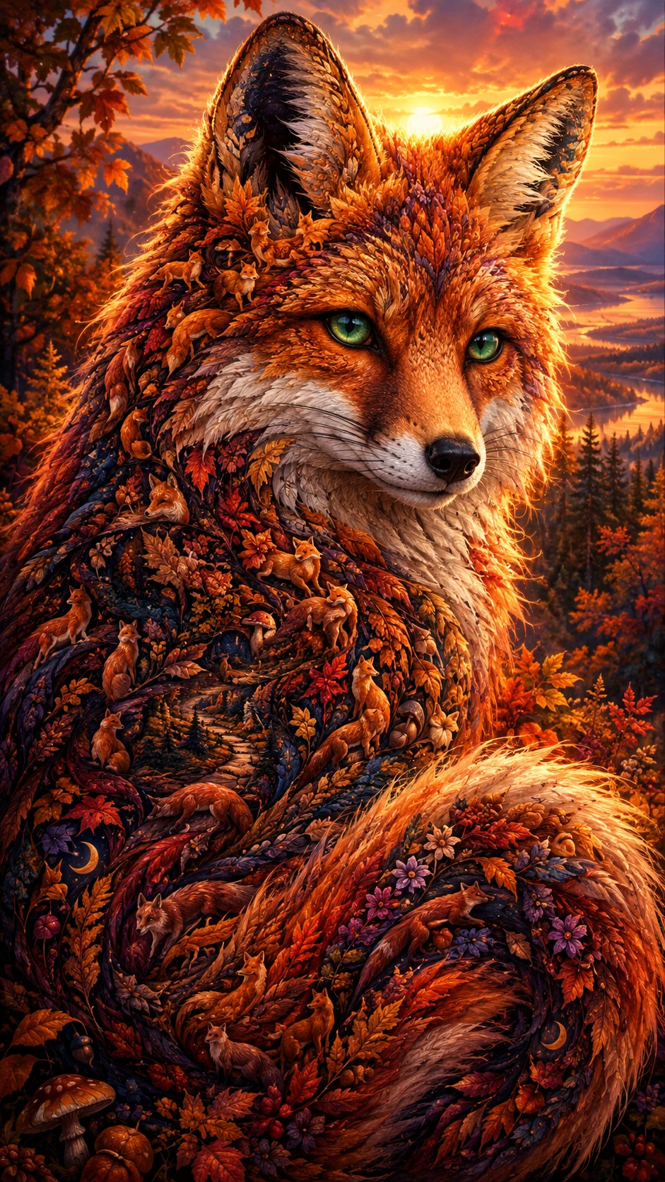 Retrato de raposa vermelha brilhando ao pôr do sol em uma floresta de outono