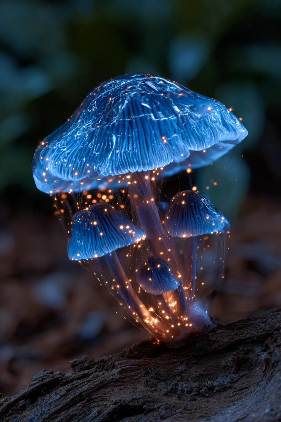 巨大香菇上的小浣熊照亮魔法夜路