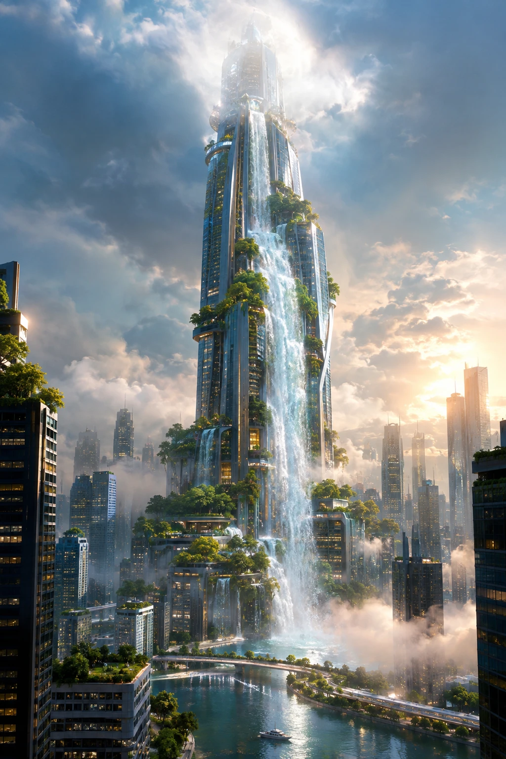 Oasi futuristica di grattacieli con cascata urbana