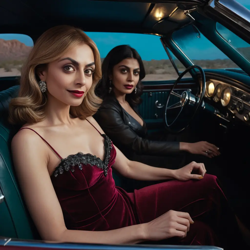 Three women in a vintage car under a sinister moon
