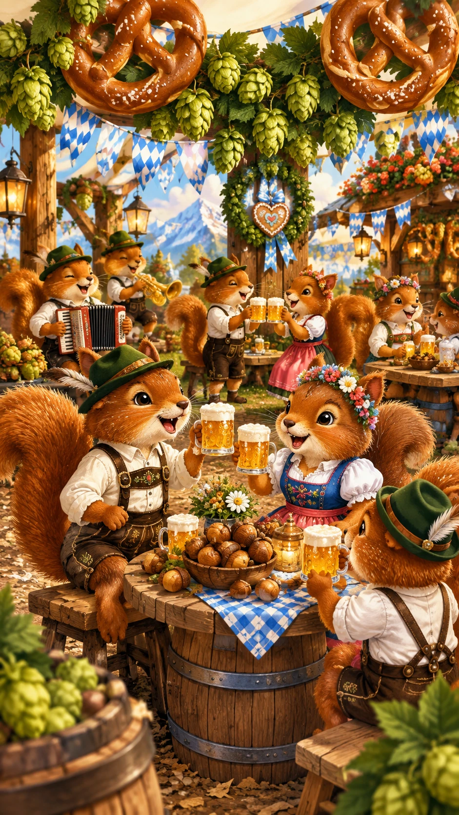 Esquilos festivos comemorando em uma pequena mesa de Oktoberfest