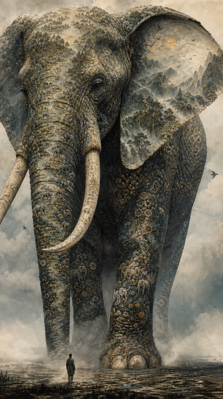 Massive Elephant In Mist With Surreal Landscapes