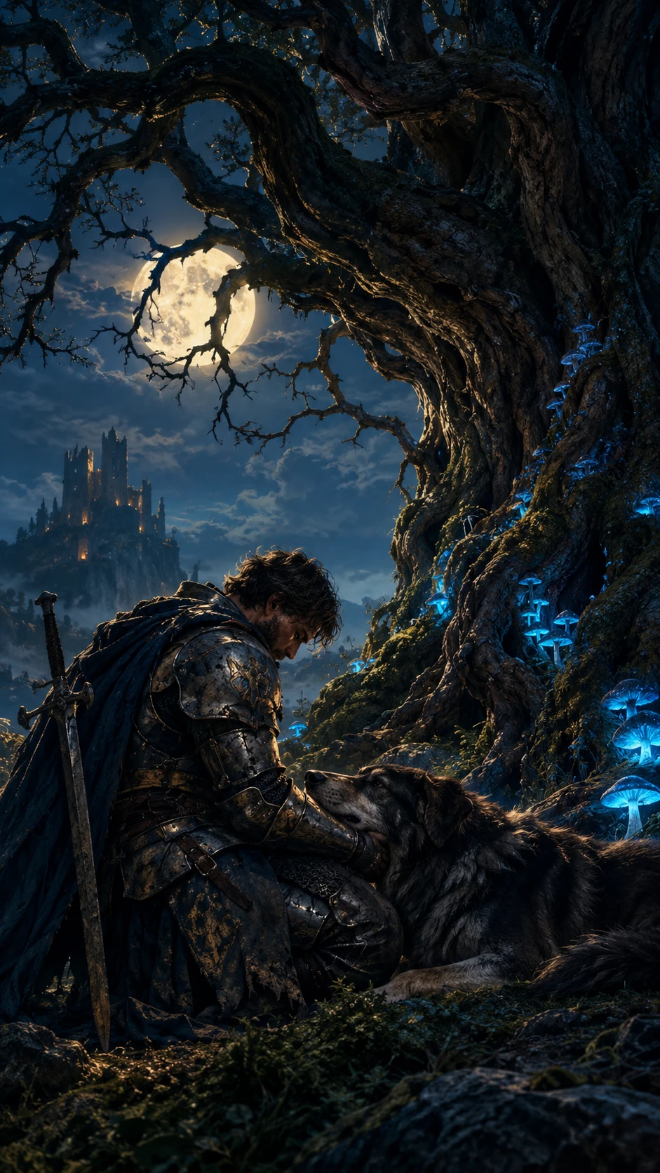 Kneeling knight beneath an ancient tree in moonlit forest