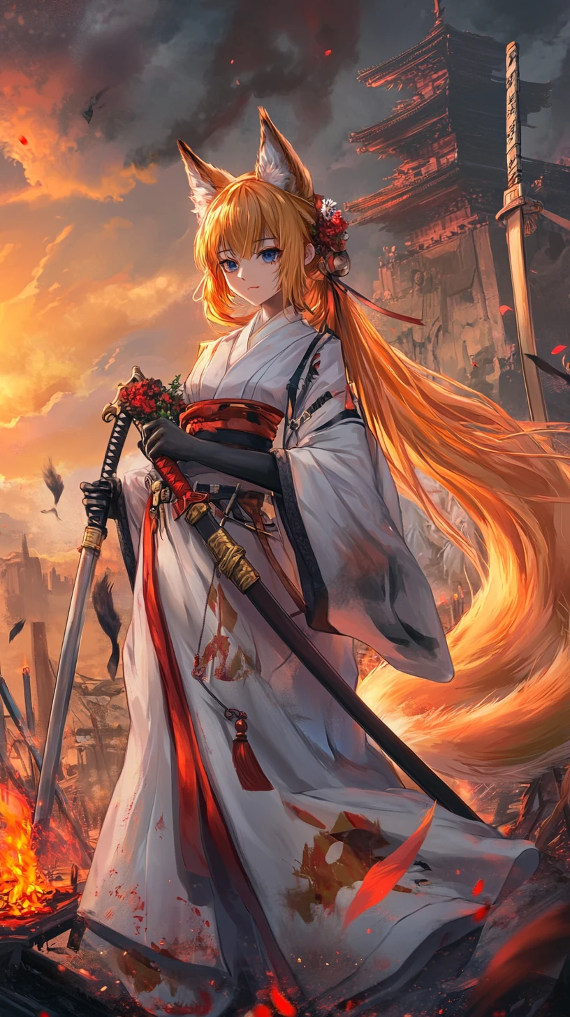 夕陽下廢墟神殿前的白袍狐娘