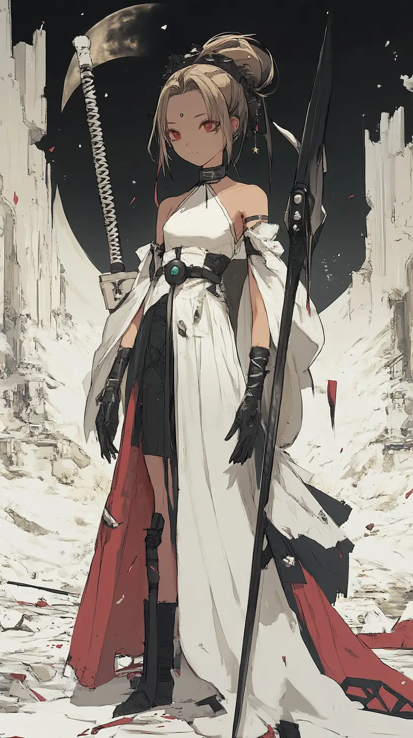 Battle scythe planted in sandy ancient ruins with runes