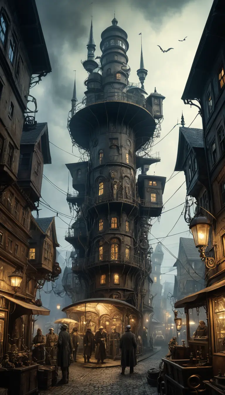 Surreale schwebende Steampunk-Stadt im wirbelnden mystischen Nebel