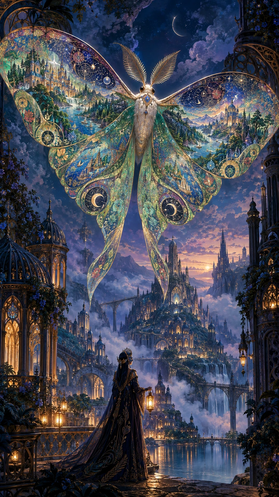 Gigante Mariposa-Lua Sobre o Horizonte de uma Cidade Fantasia ao Crepúsculo