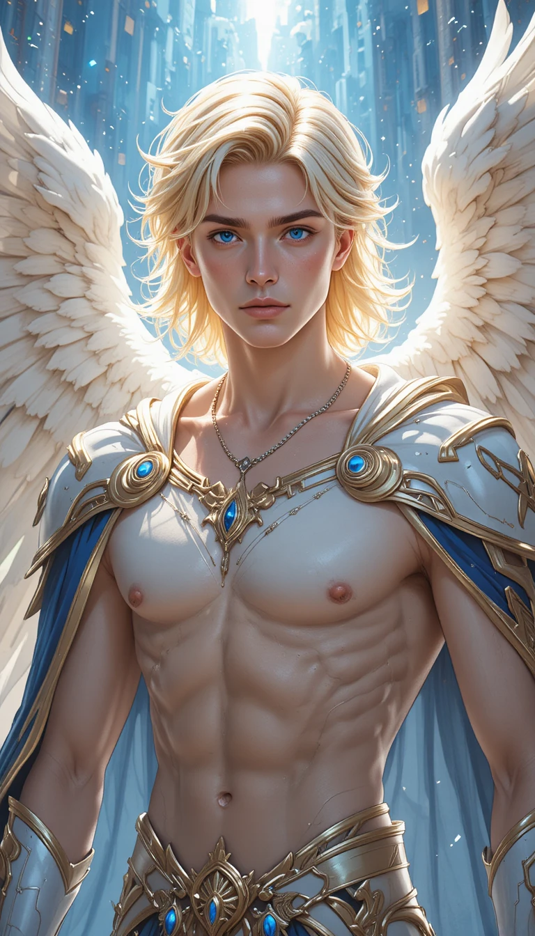 Guerrier d’anime ailé en armure blanche et dorée de feca