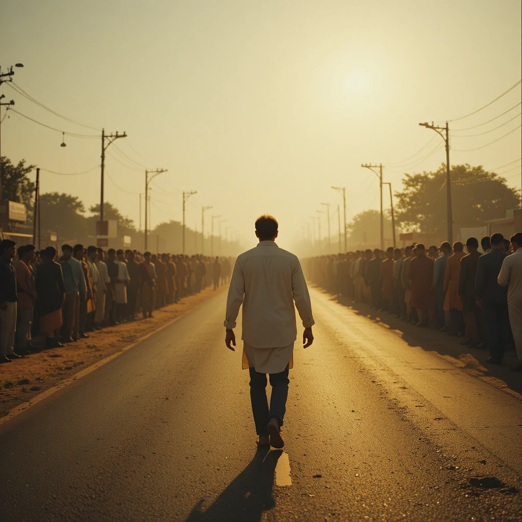 Man walking alone down a sunlit open road