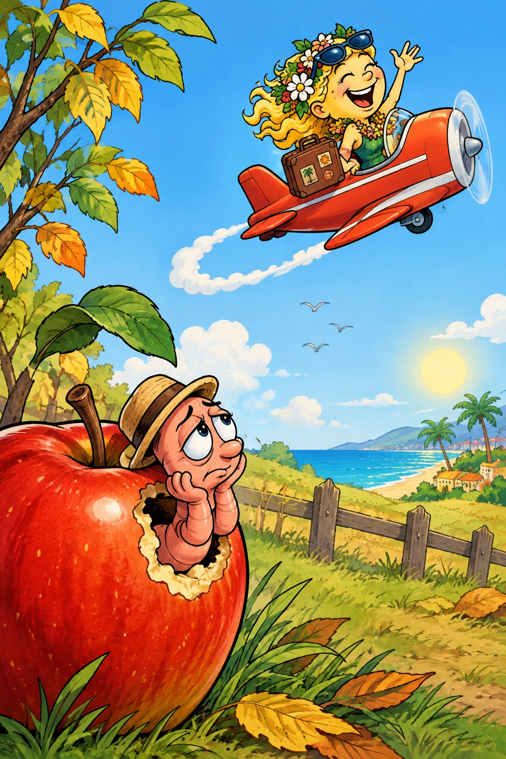 Playful cartoon worm peeking from a hole in an apple