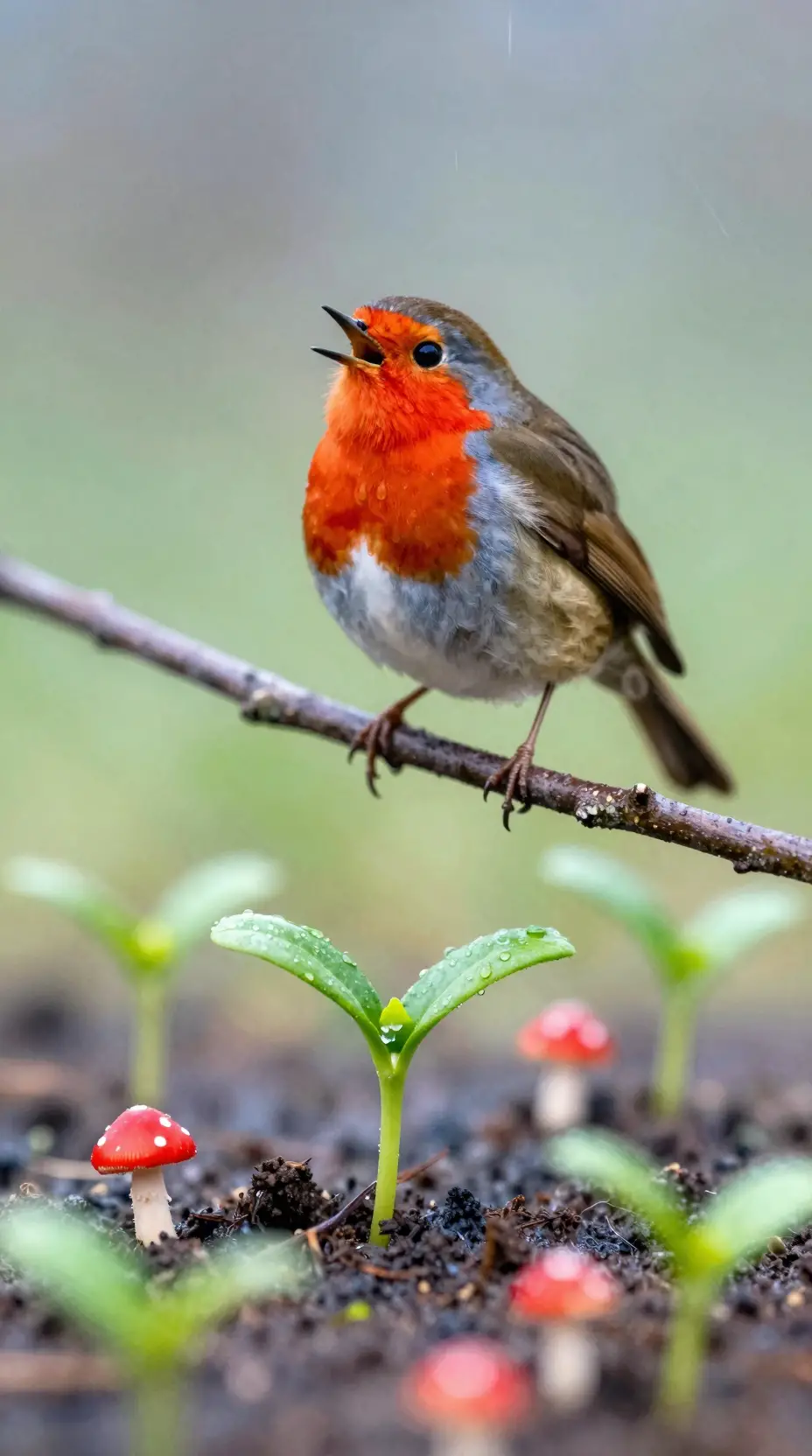 Robin Singing Above Fresh Seedlings In Gentle Spring Rain