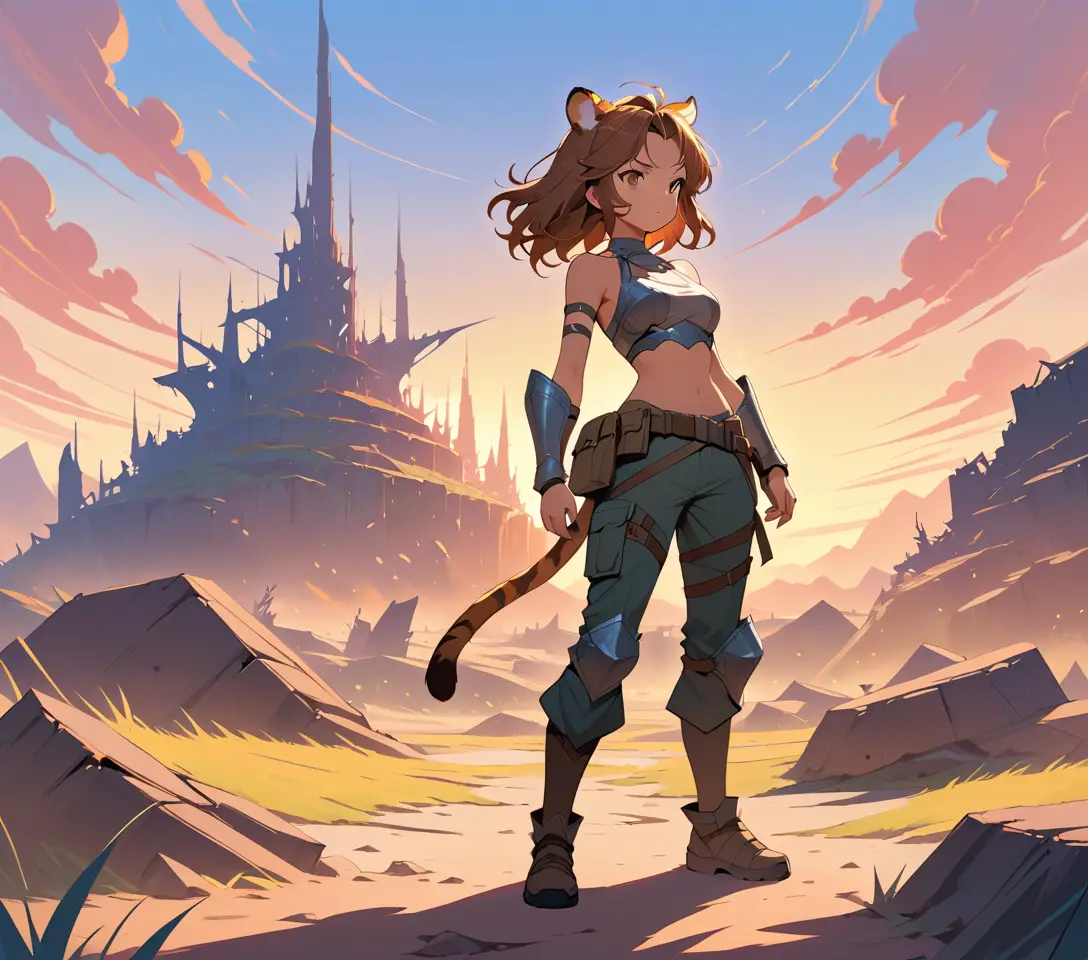 Tigerkriegerin auf einem zerstörten Fantasy-Schlachtfeld bei Sonnenuntergang