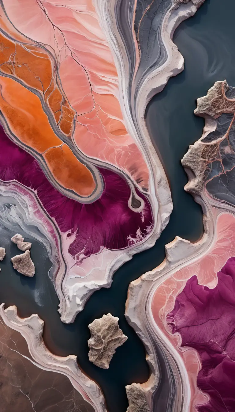 Vue aérienne du littoral surréaliste d’un lac salé rose