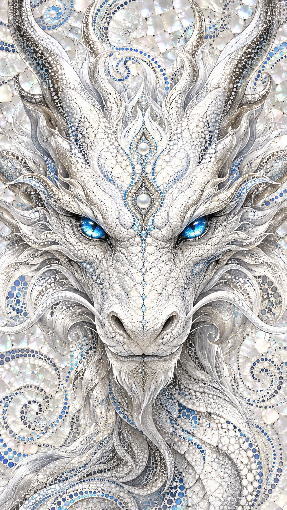 Tête de dragon blanc majestueuse aux yeux bleus étincelants en vue de face