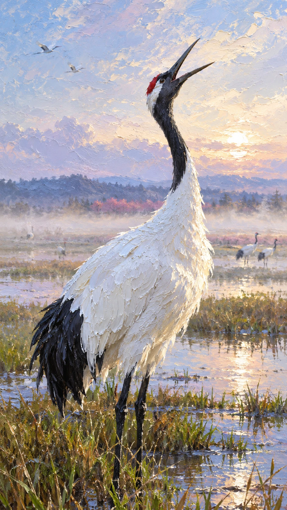 Grou-da-coroa-vermelha chamando ao amanhecer sereno em pântano de primavera