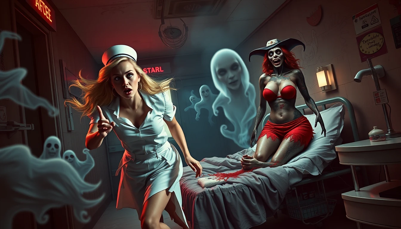 Enfermeira loira em pânico correndo por hospital assombrado surreal