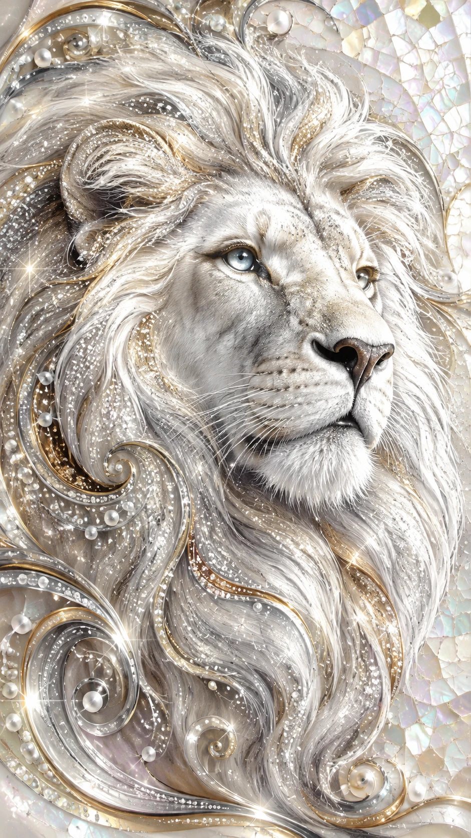 Fantasie-weißes Löwengesicht in metallischer Airbrush-Illustration