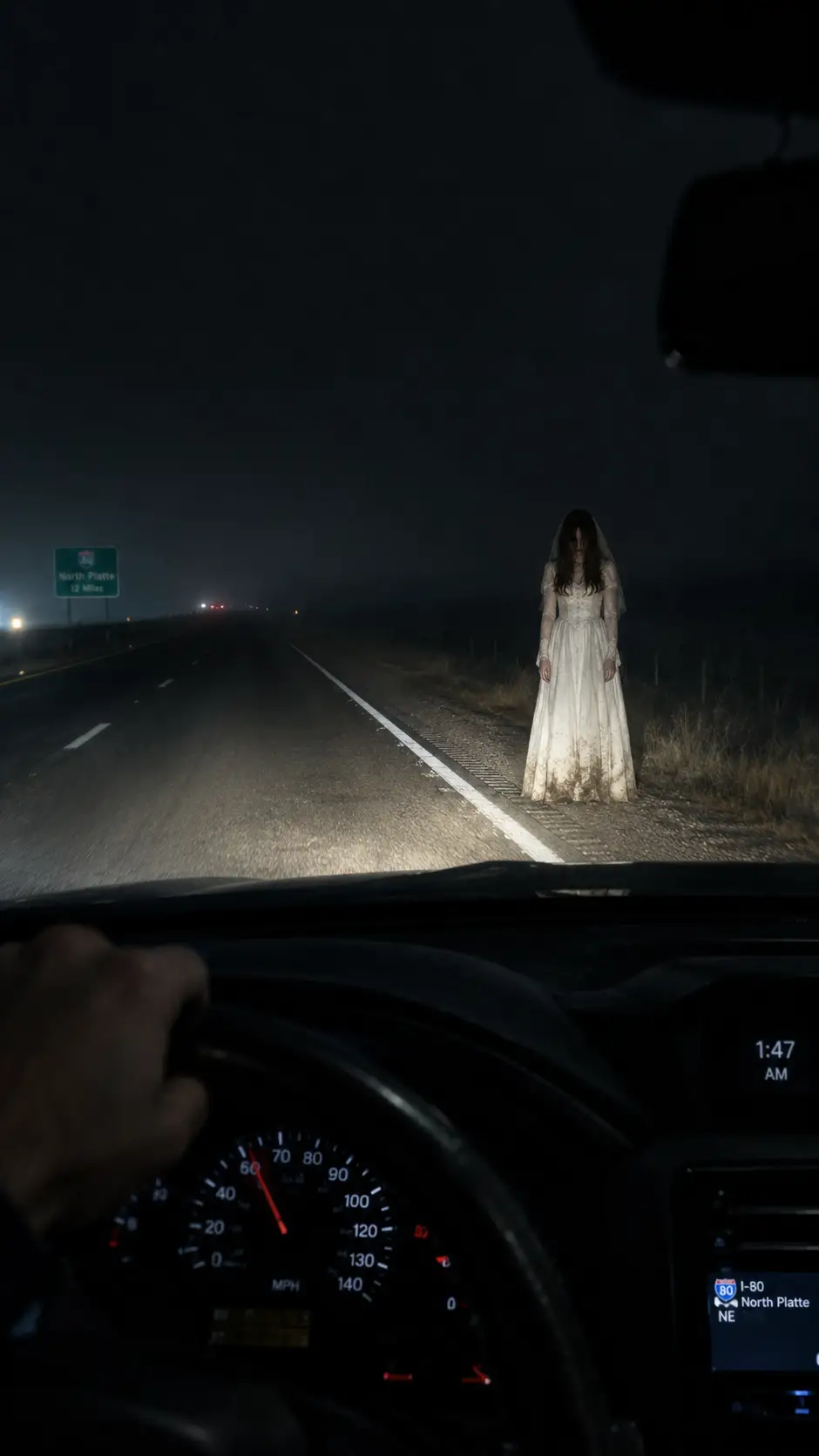 Terrificante donna in abito da sposa su un’autostrada deserta del Nebraska