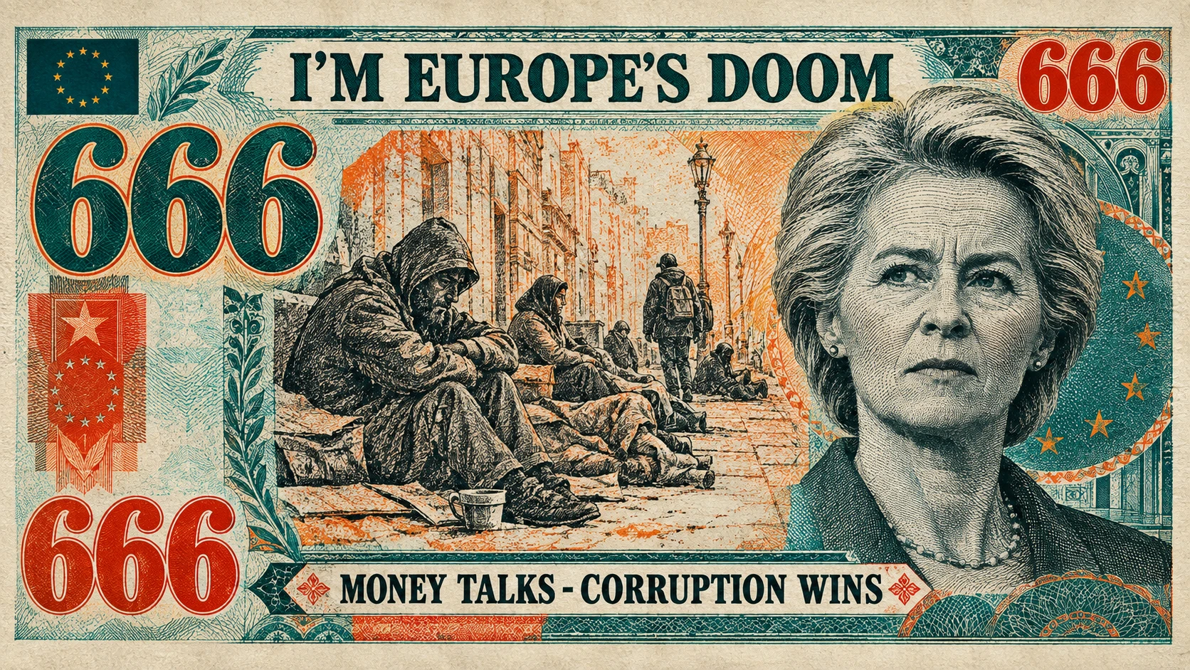 Billet style euro 666 avec portrait et illustration de sans-abri