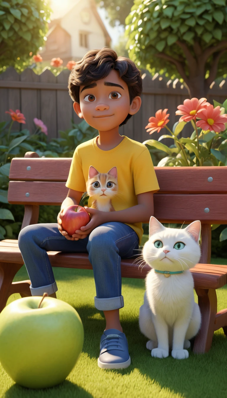 Menino e gato branco em jardim ensolarado
