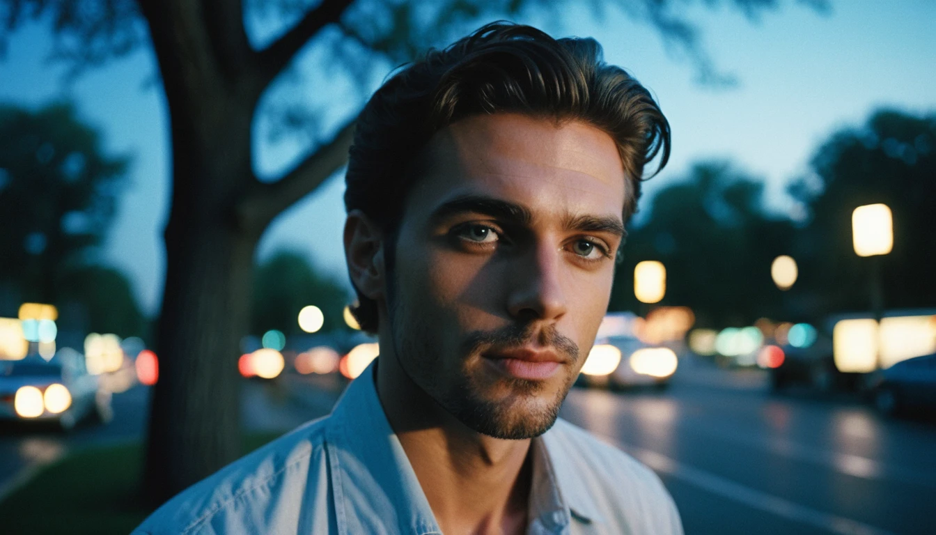 Retrato de homem bonito em filme com bokeh na hora azul