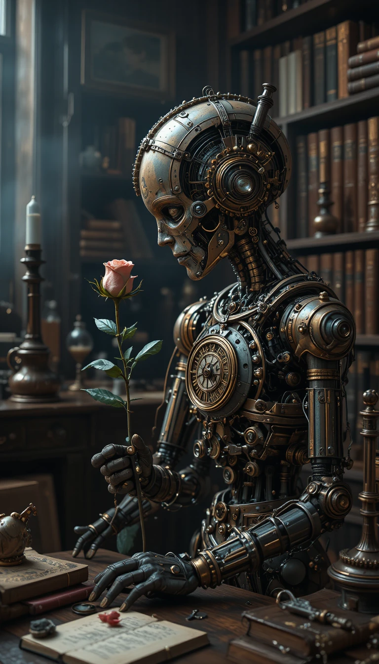Steampunk automaton gazing at a wilting rose in study