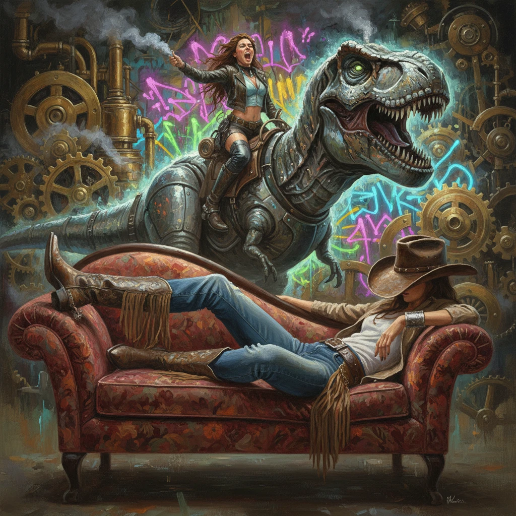 Cowgirl Descansando em Chaise Longue em Estilo de Pintura a Óleo