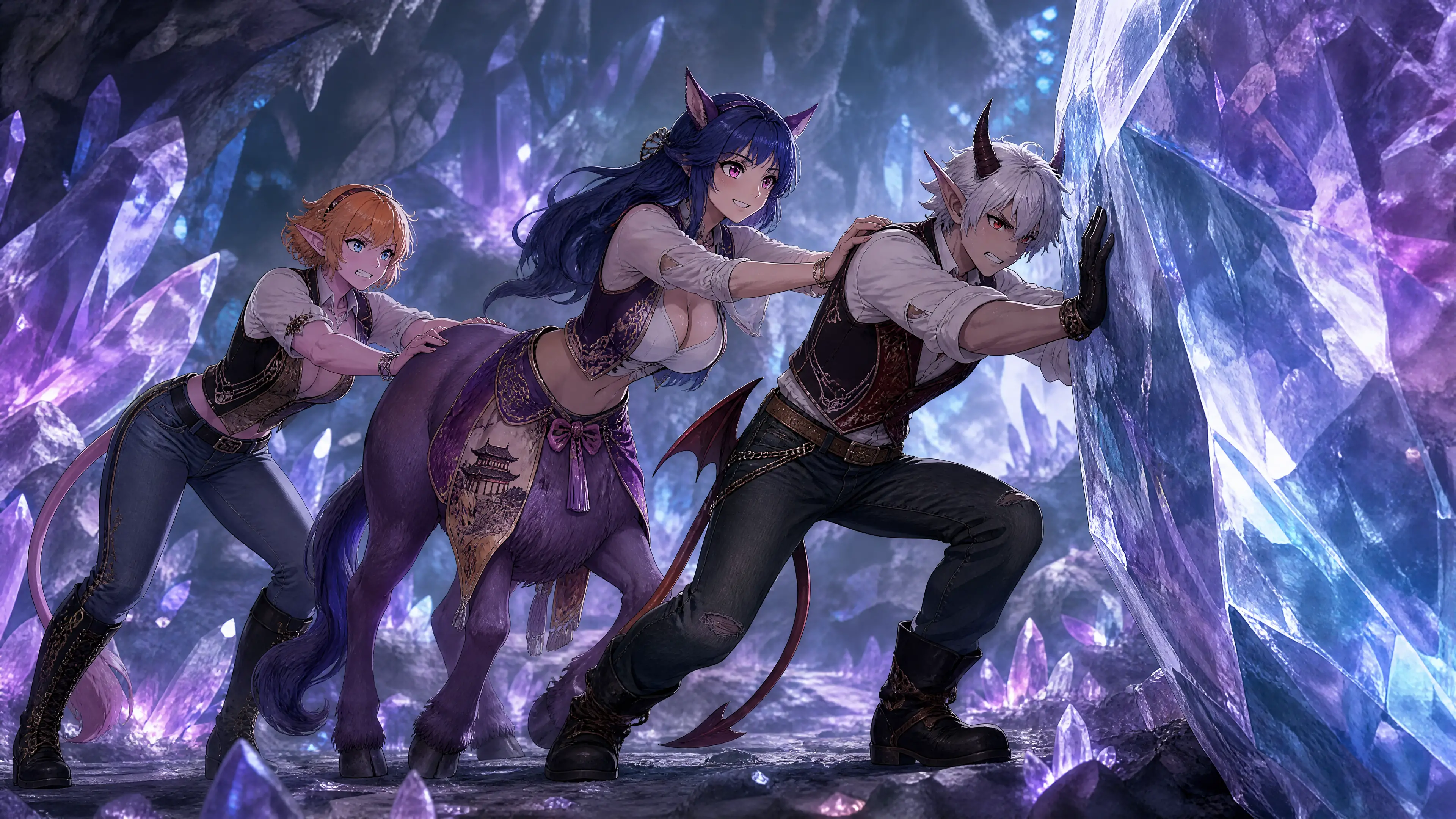 Fantasy centaur woman pushing a massive glowing crystal