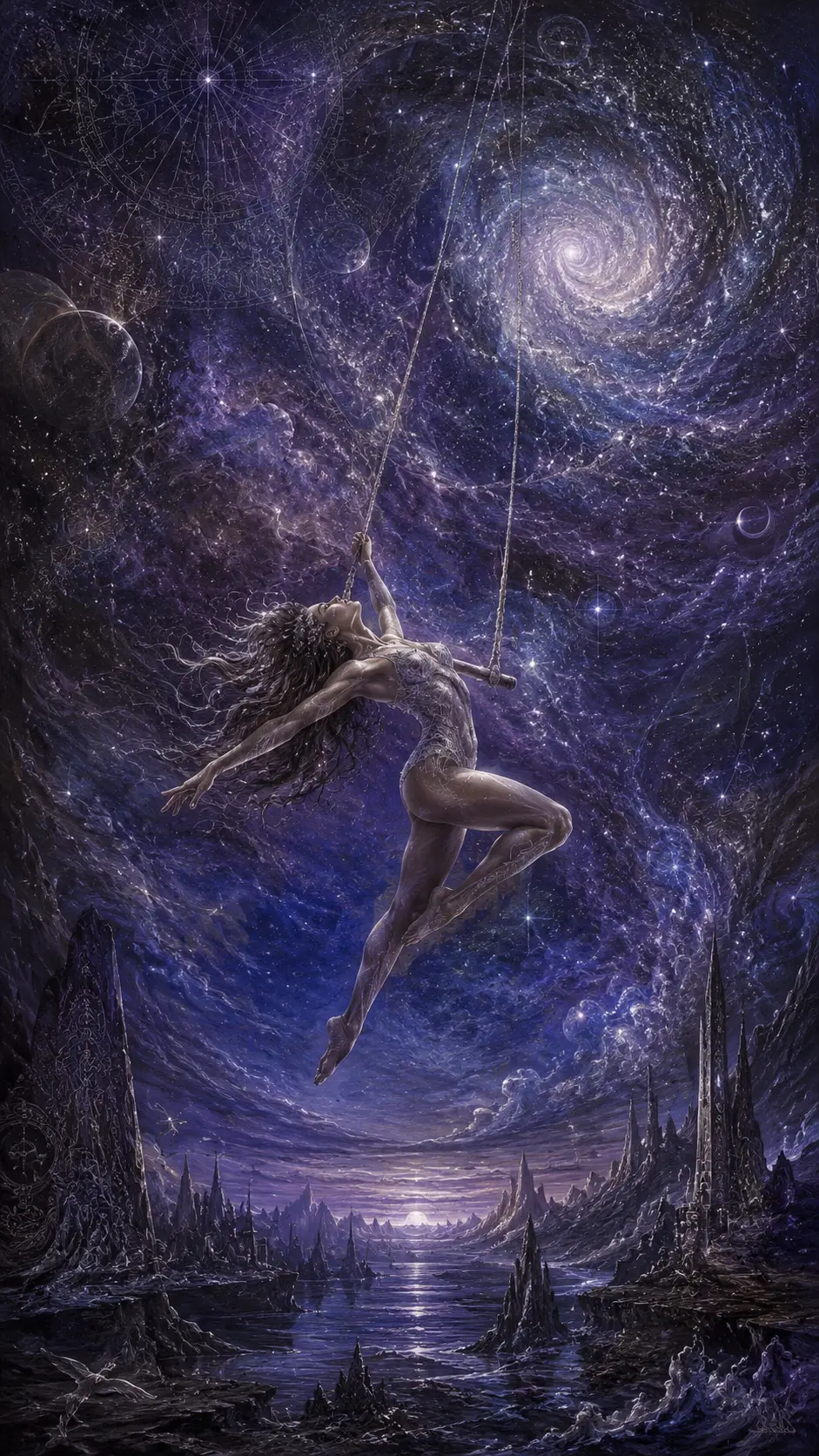 Donna al trapezio sospesa sotto un vasto cielo cosmico