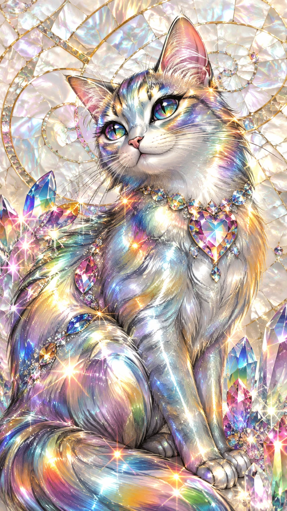 Kristall-Fantasie-Katze mit Metallic-Glanz und Mosaikhintergrund
