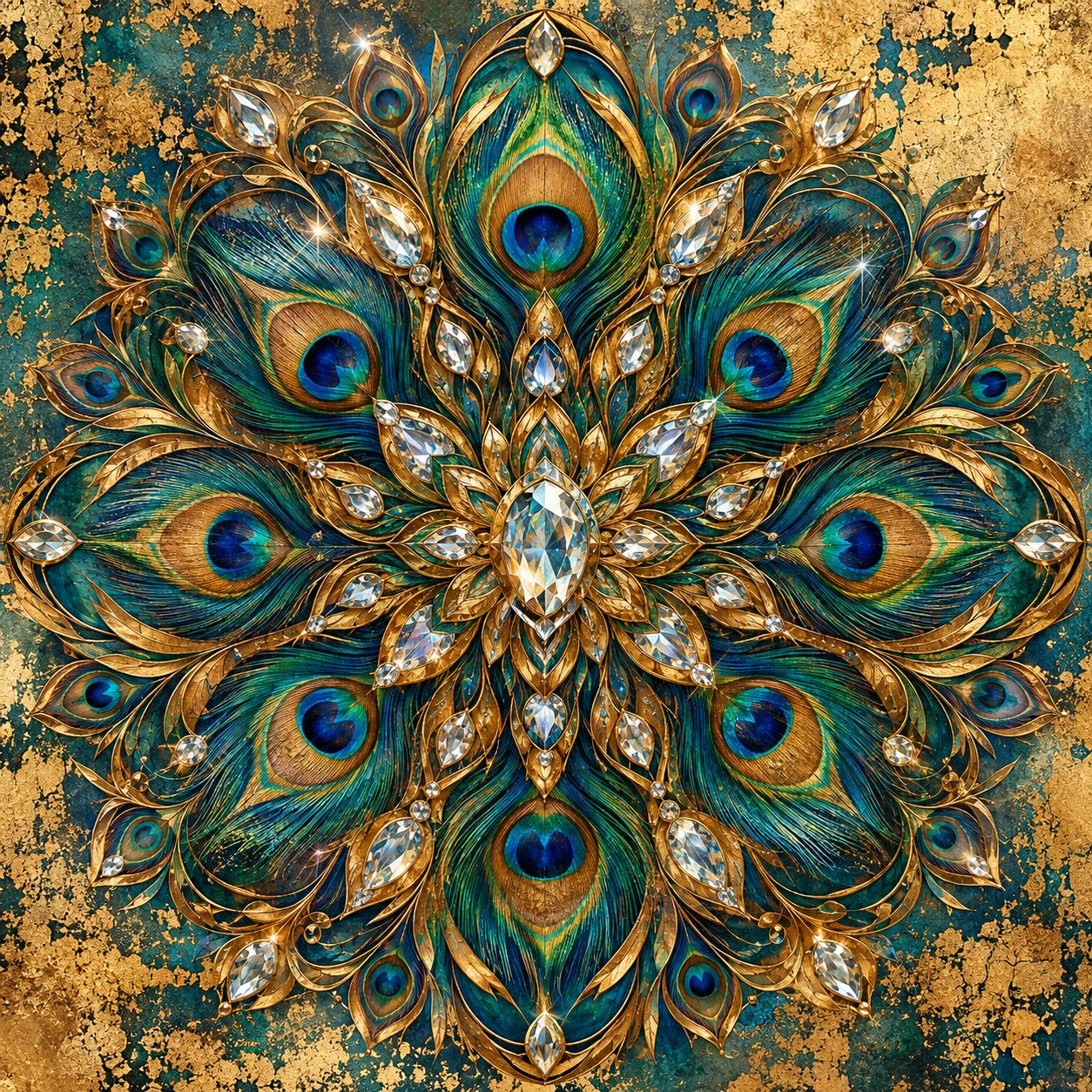 Goldene Mandala aus Pfauenfedern mit funkelnden Glaskristallen