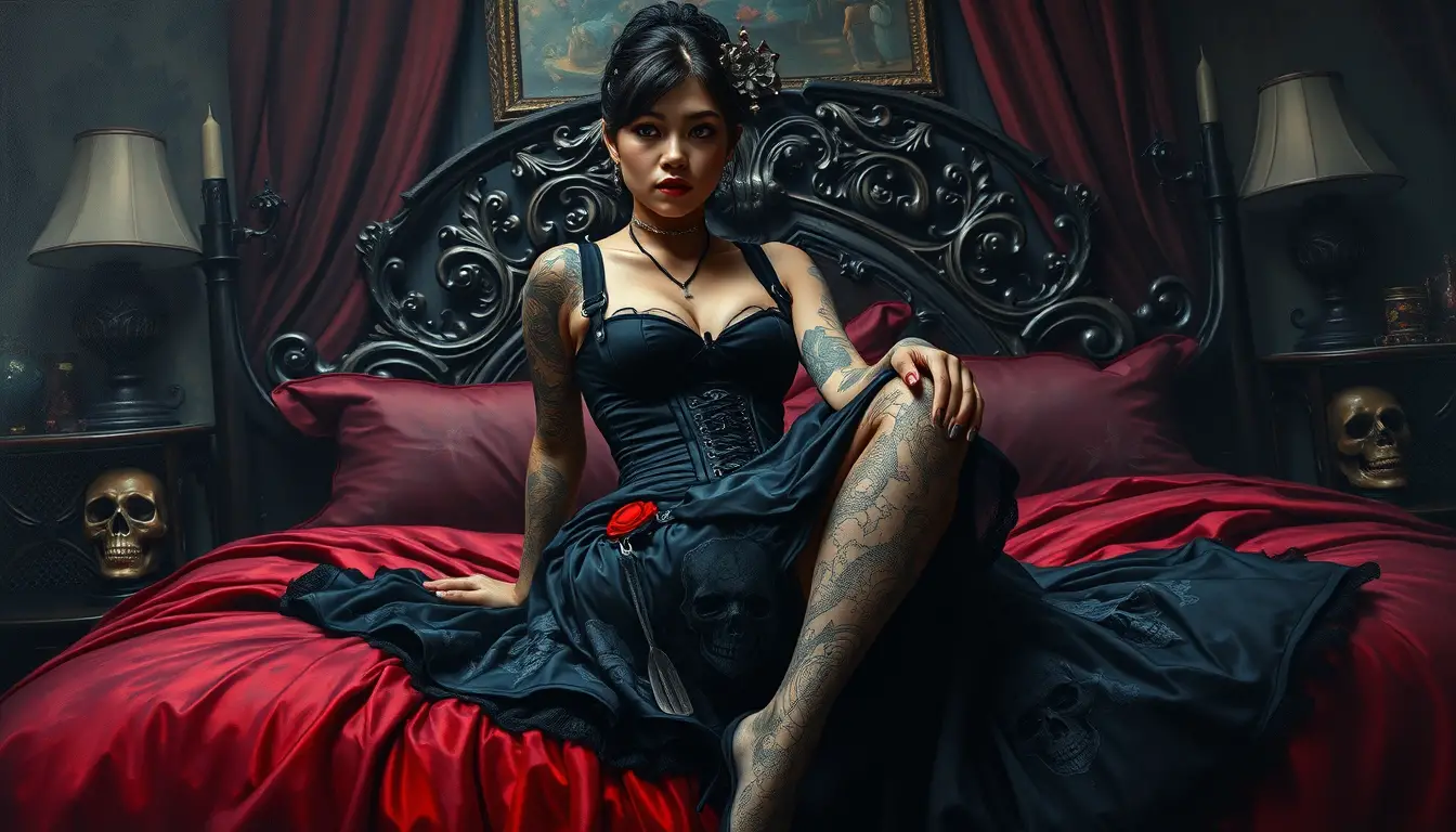 Gothic-Frau im Korsett auf luxuriösem dunklem Bett