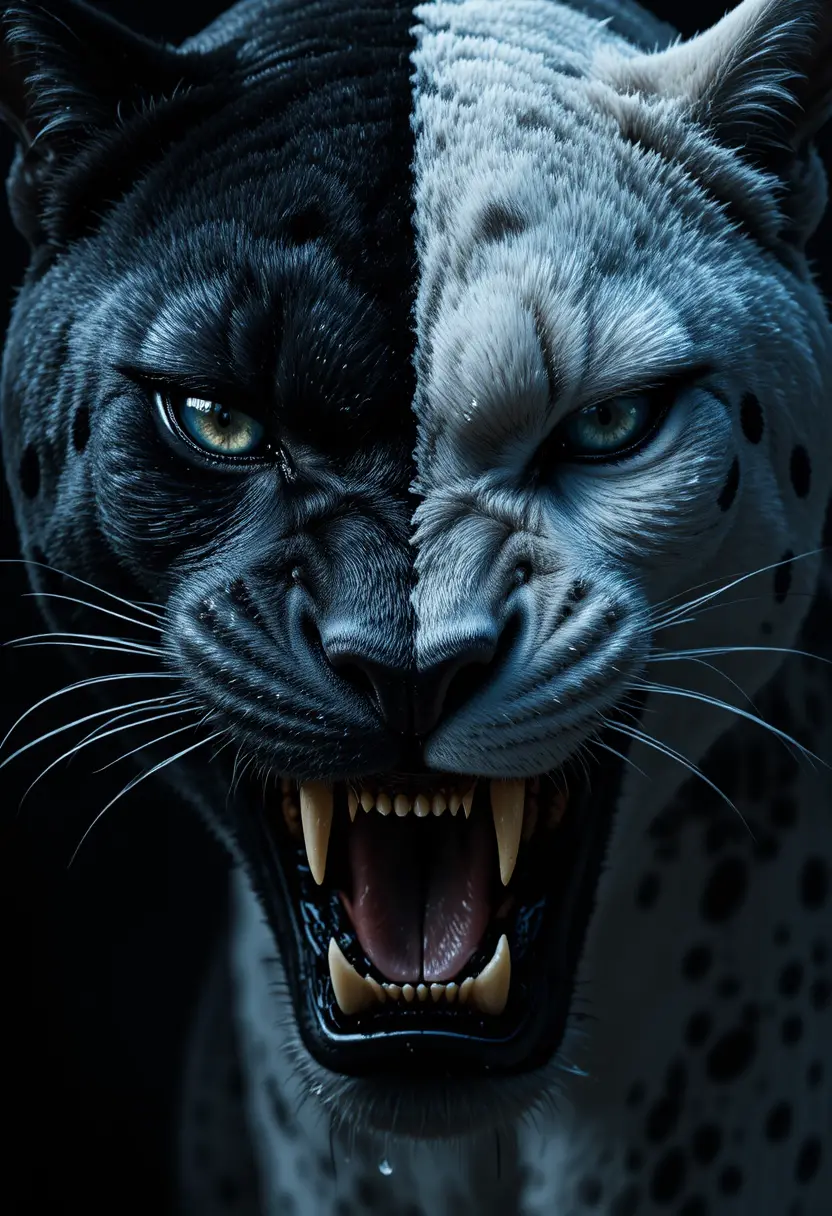 Cinematischer Close-up eines geteilten Panther- und Schneepuma-Kopfes