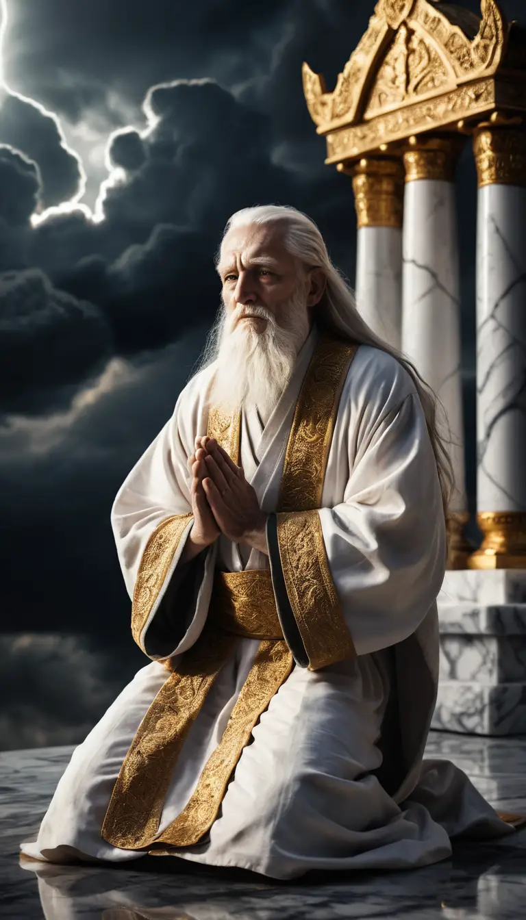 Elderly patriarch praying at glowing marble altar at night