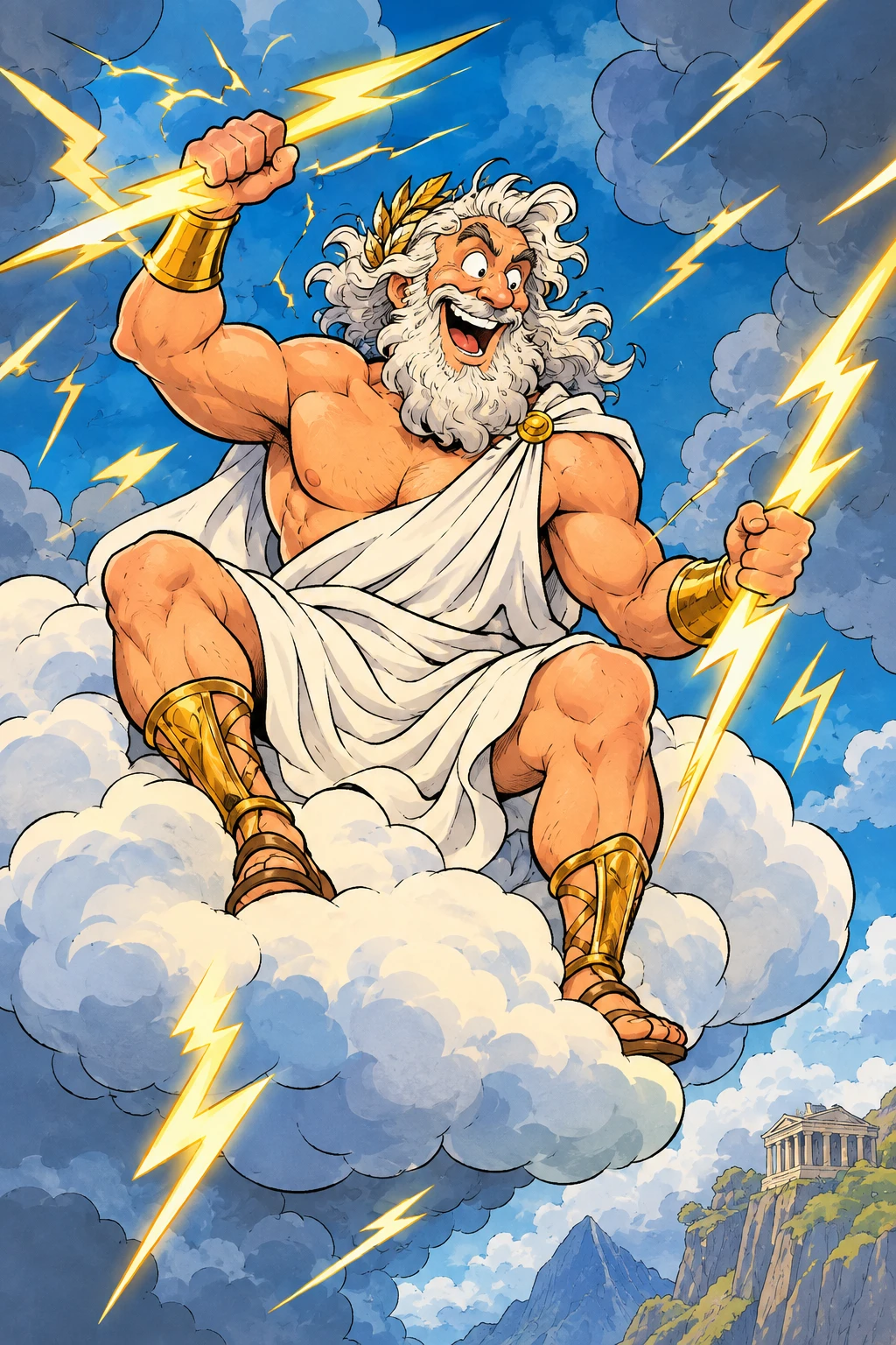 Ilustração em quadrinhos de um homem brincalhão com relâmpagos voando
