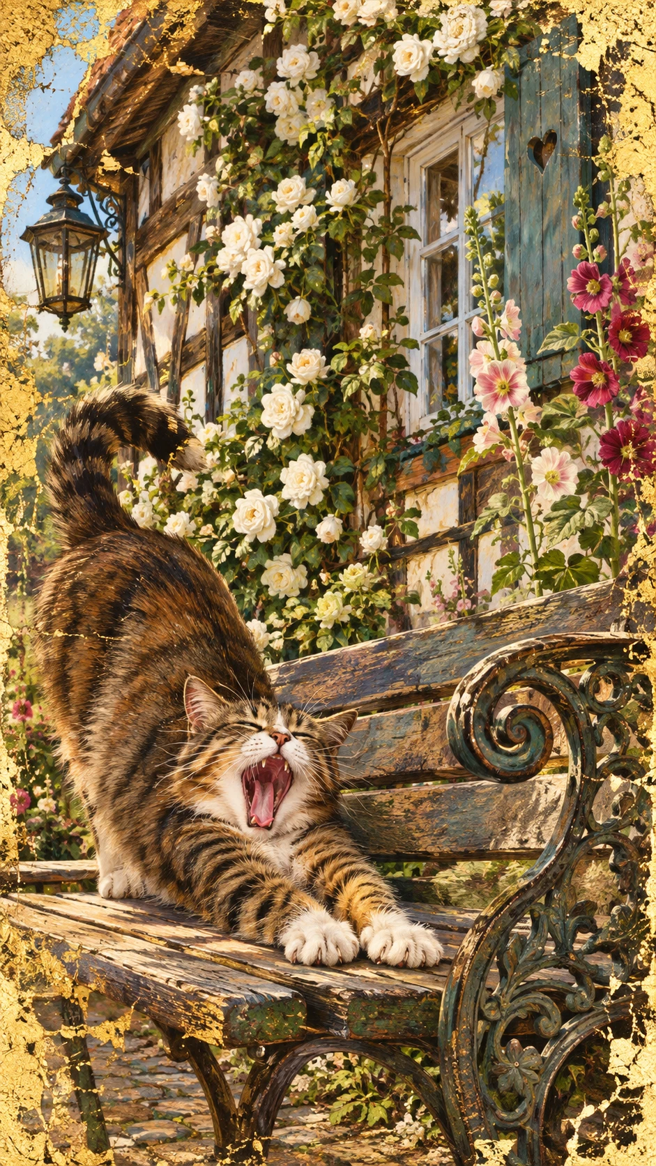 Katze streckt sich auf einer Bank vor einem alten Fachwerkhaus
