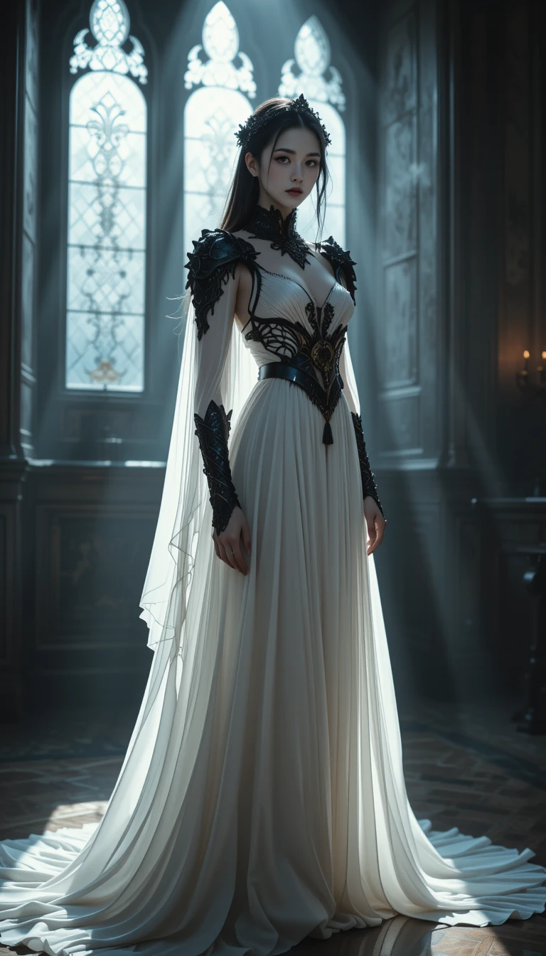 Angelic woman in white dress framed by dramatic window light