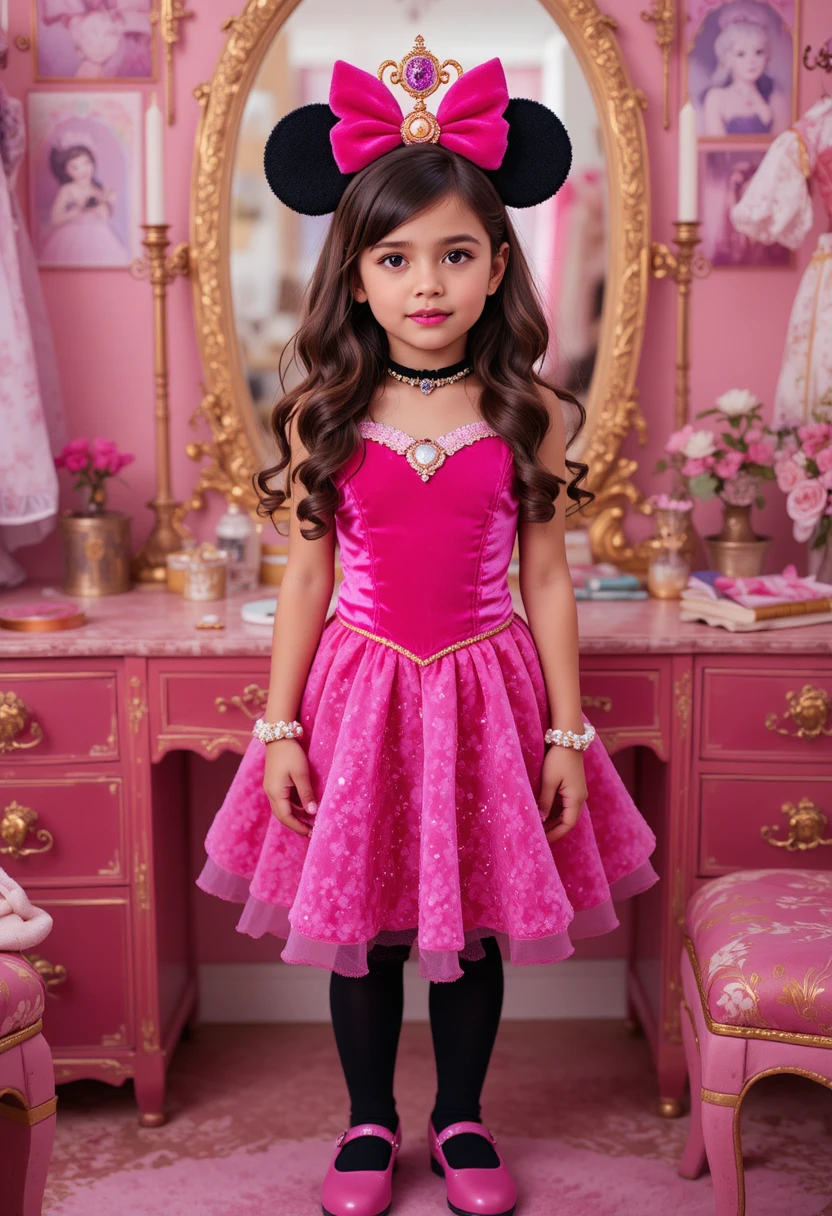 Menino pré-adolescente nervoso em fantasia de princesa rosa diante da penteadeira