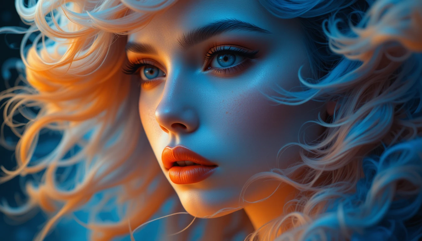 Retrato surreal em close de uma mulher com cabelo cósmico