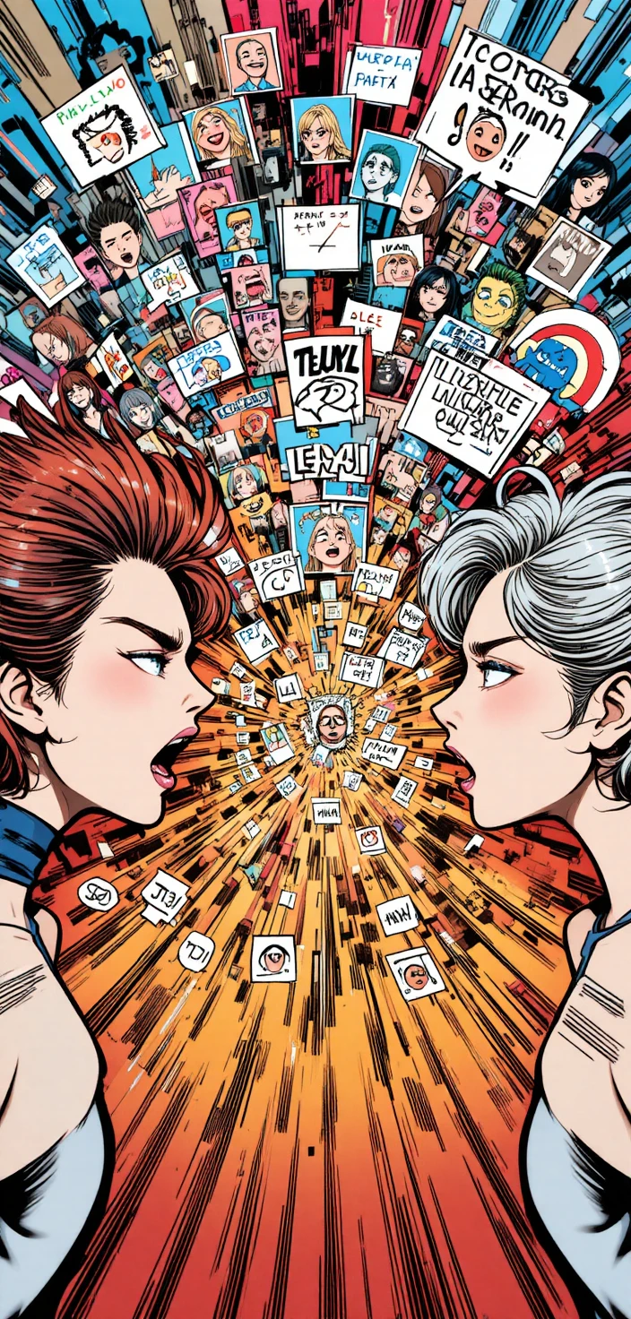 Tríptico de mangá com duas garotas em uma batalha caótica de memes