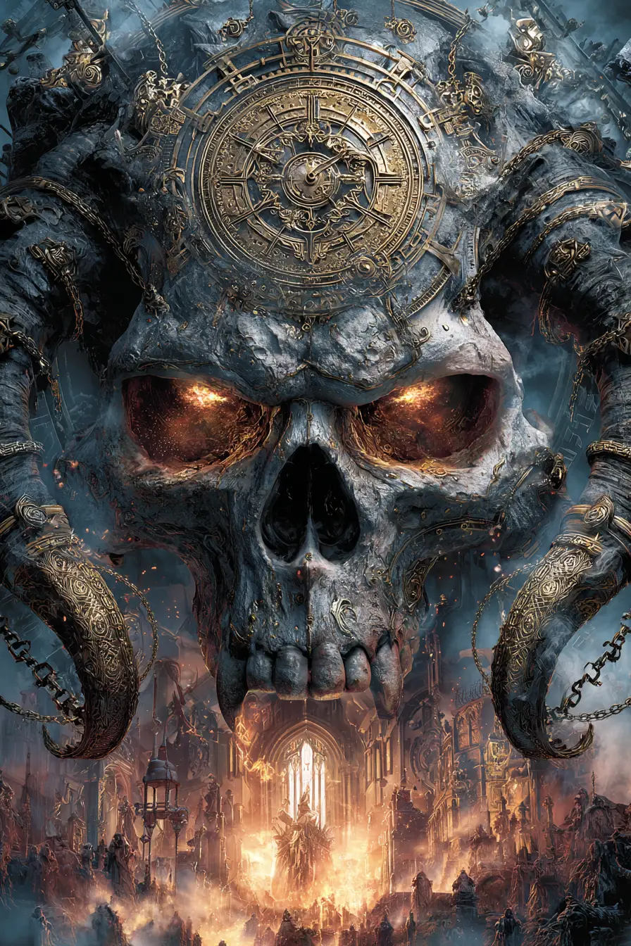 Colossal demonic skull with burning eyes and gothic cathedral