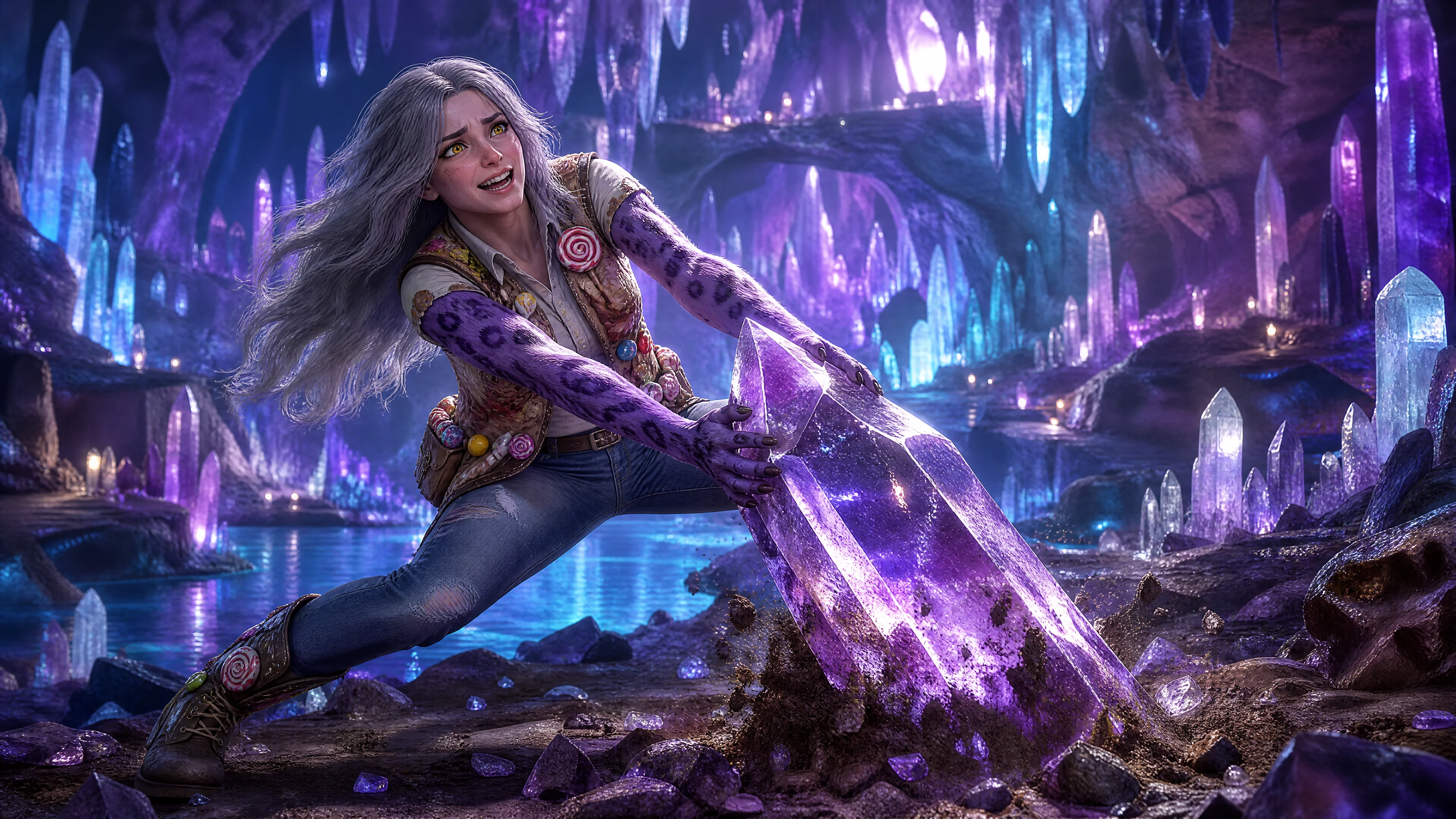 Brave woman with cheetah arms lifting a crystal