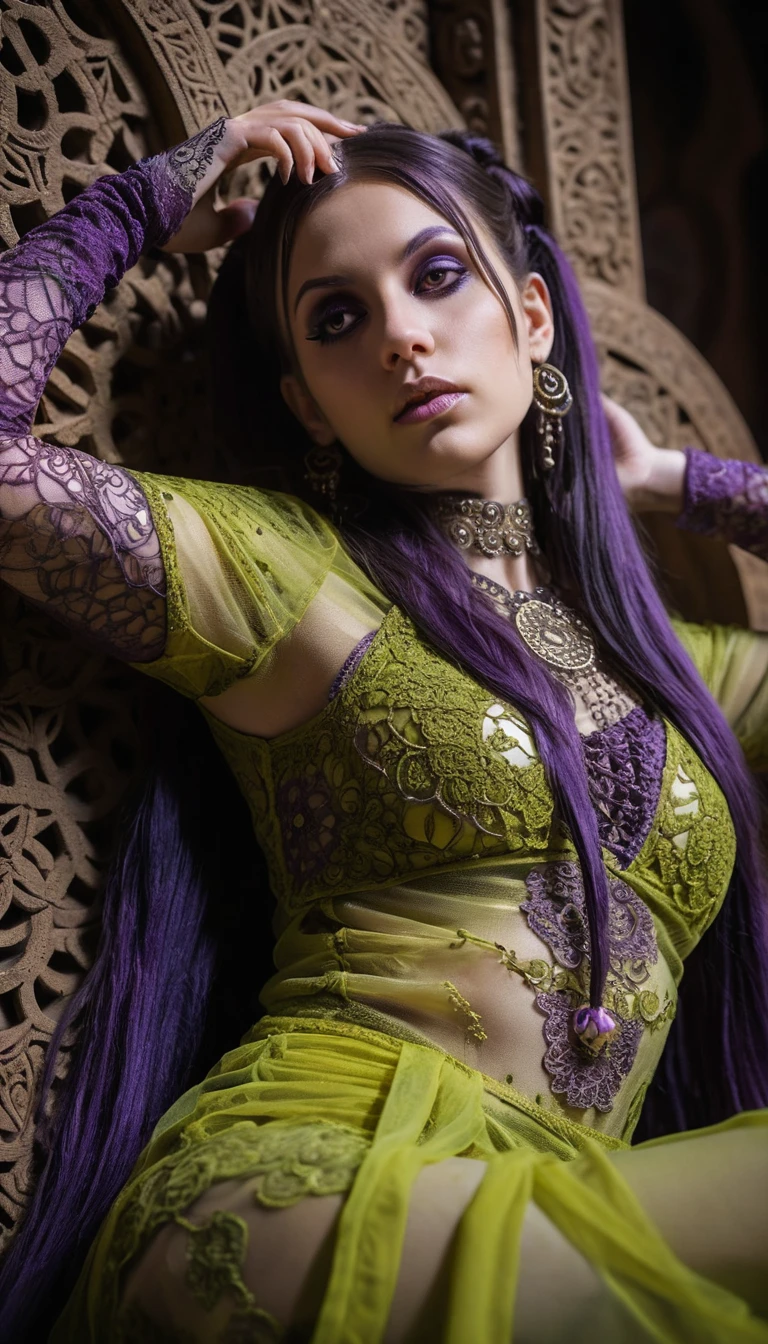 Mulher glamourosa de renda reclinada em um altar antigo