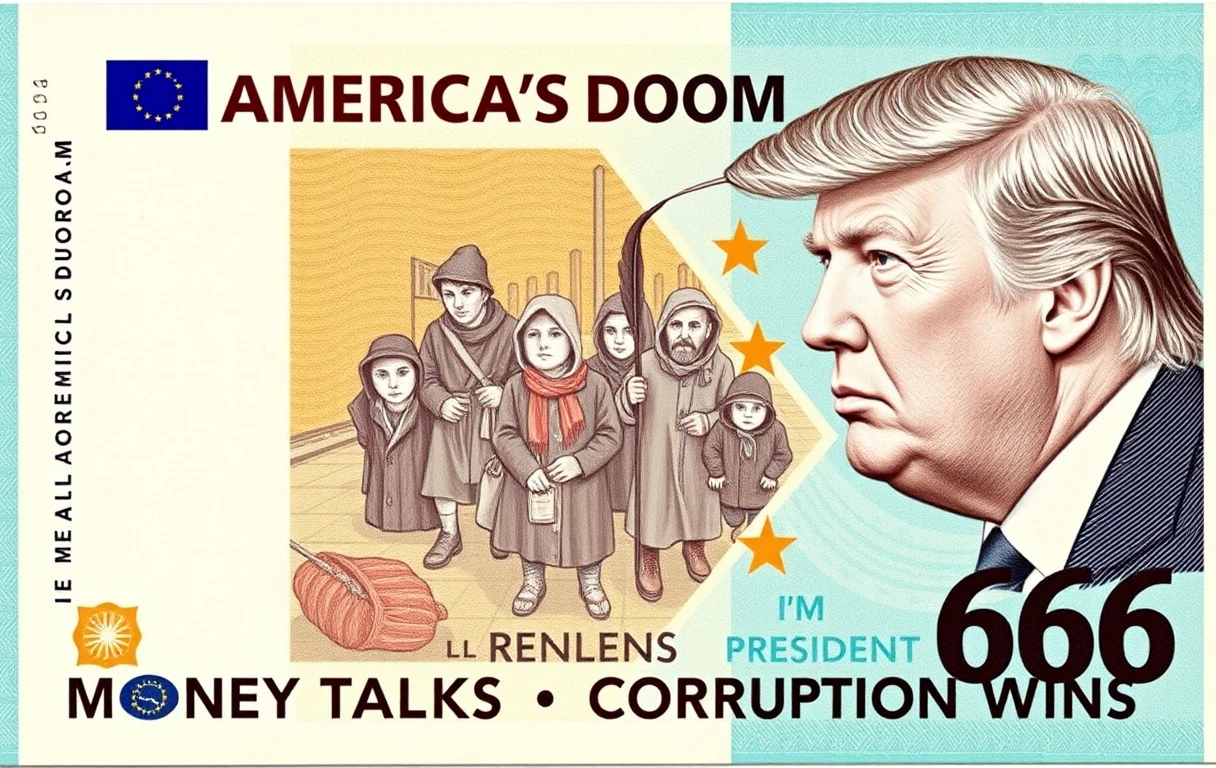 Surreal euro style banknote with 666 value and political message