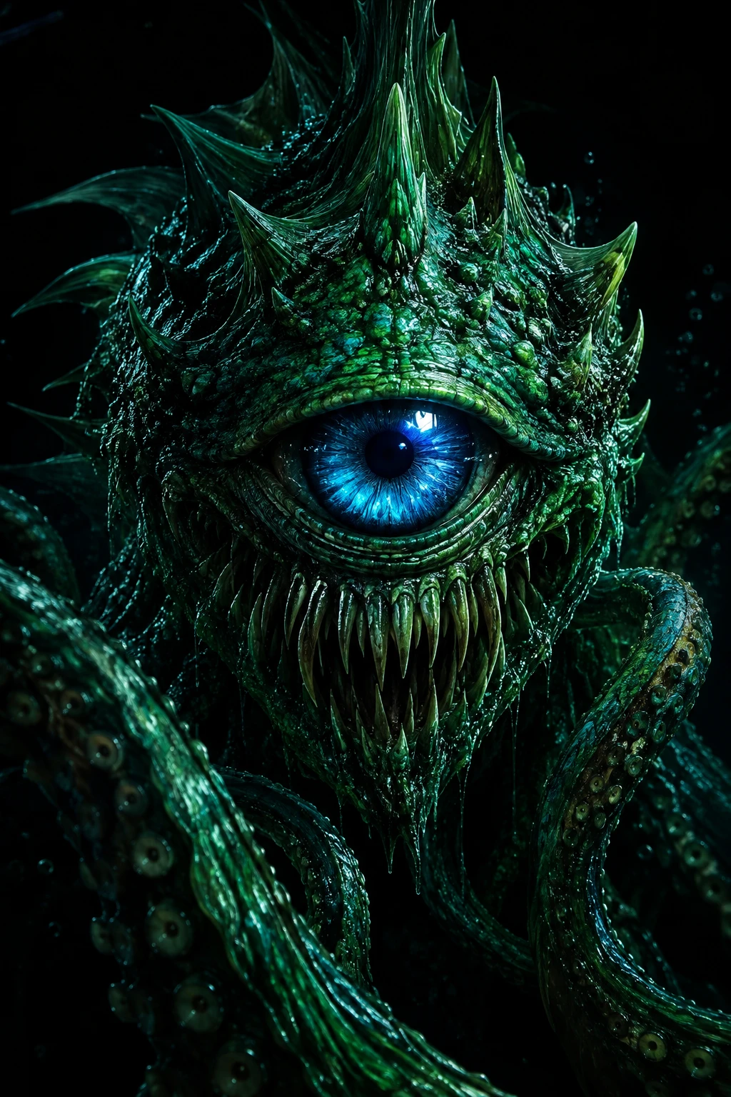 Assustador monstro marinho esmeralda com um único olho de safira