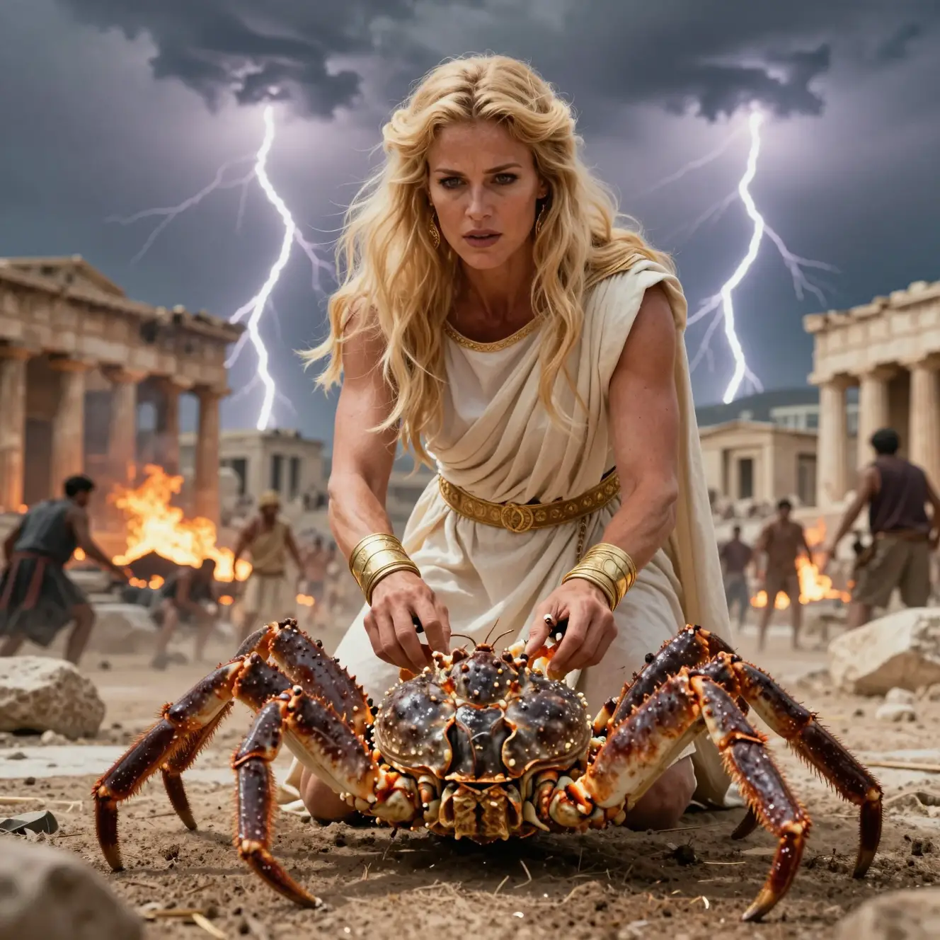 Warrior Woman Pinning Giant Coconut Crab Amid Burning City