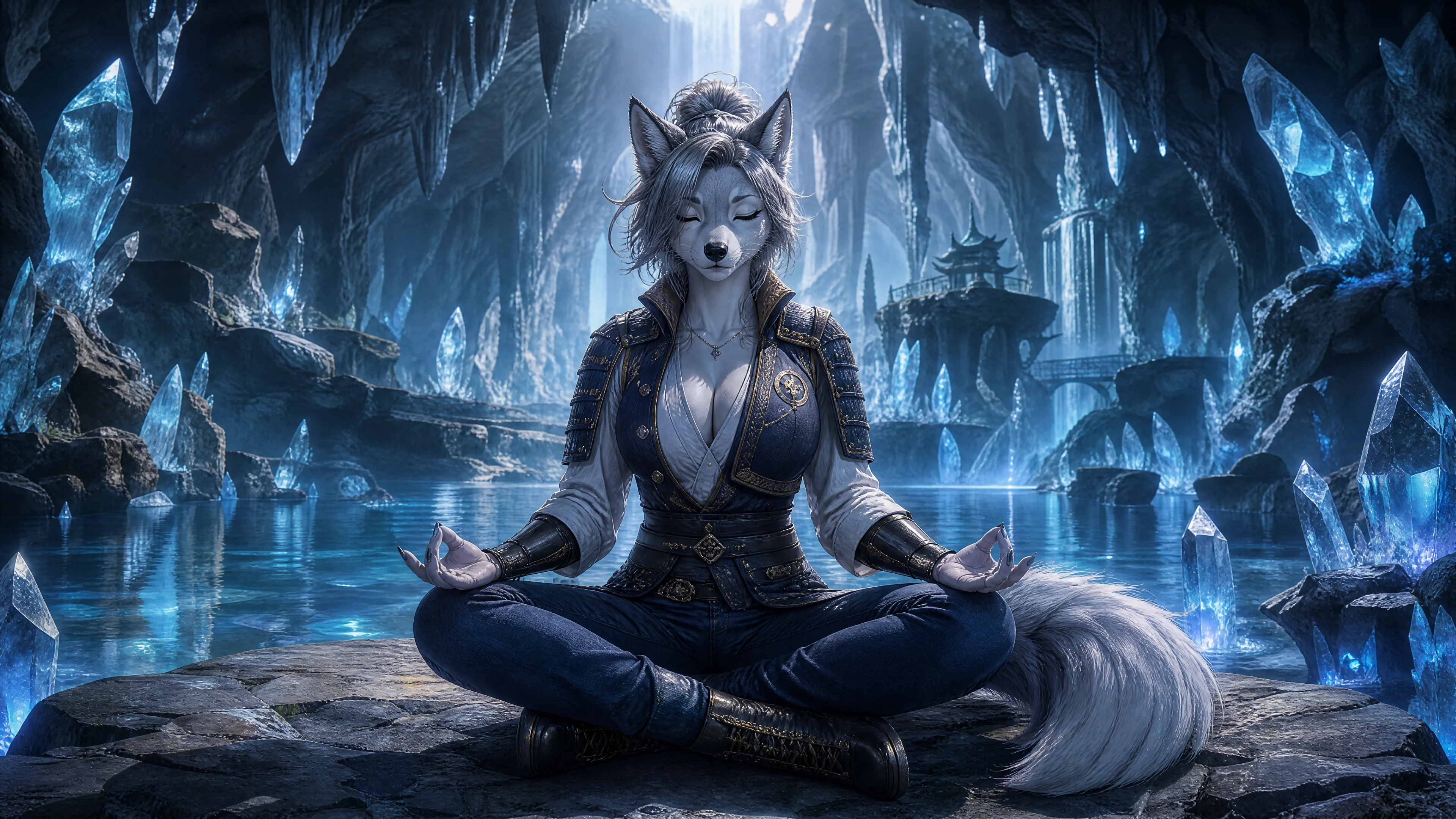 Samouraï loup anthro méditant dans une grotte de cristaux lumineux