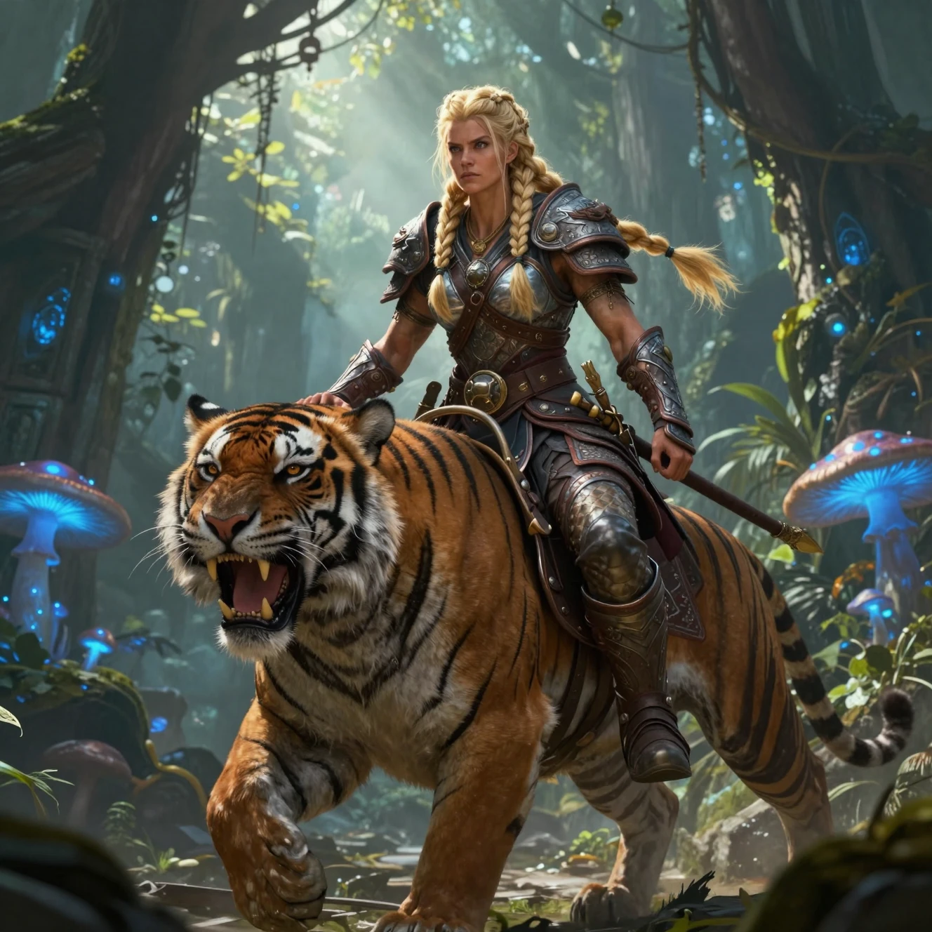Guerreira bárbara loira montando tigre blindado em ruínas na selva