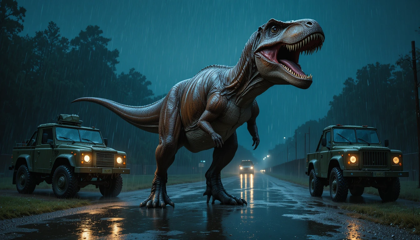 T-Rex rugindo diante de caminhões militares em estrada encharcada de chuva